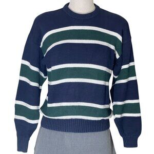 Vintage Lands' End Blue Green Striped Crew Neck Cotton Knit Pullover Sweater Med